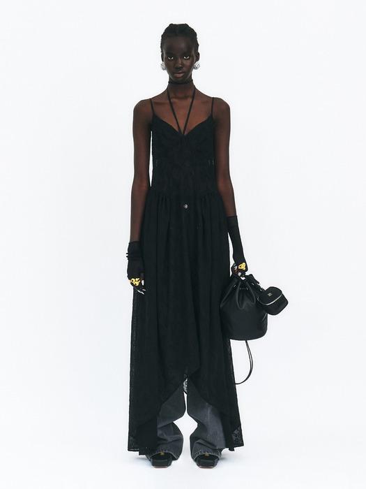 SHEER MIDI DRESS WITH NECK STRAP TIE - BLACK
