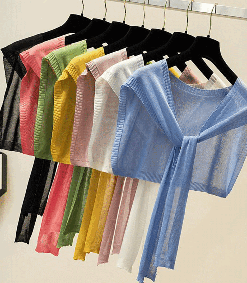 브이루아 오늘출발 / 주문 폭주!! 코엘 썸머 숄 / 여름 필수템 니트가디건 페이크숄 여름가디건 어깨숄 오프숄더가디건  여성용 아이스 실크 니트 올 매치 매듭 스카프 어깨 미니 숄 여름 자외선 차단 햇빛  쿨 숄더