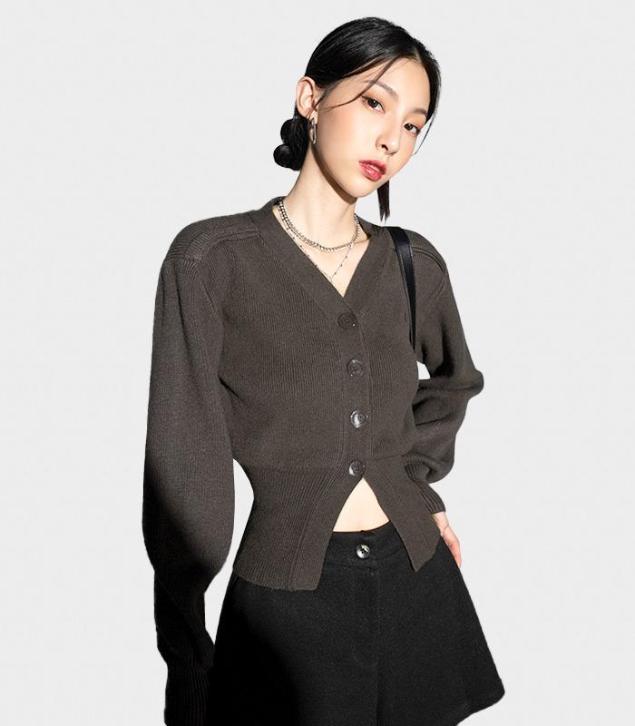 Balloon Ribbed Cardigan CHARCOAL