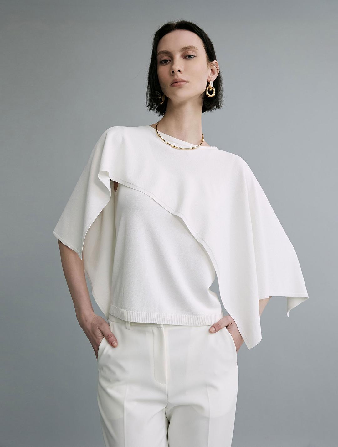 Unbalance Sleeve Knit Cape Set - White