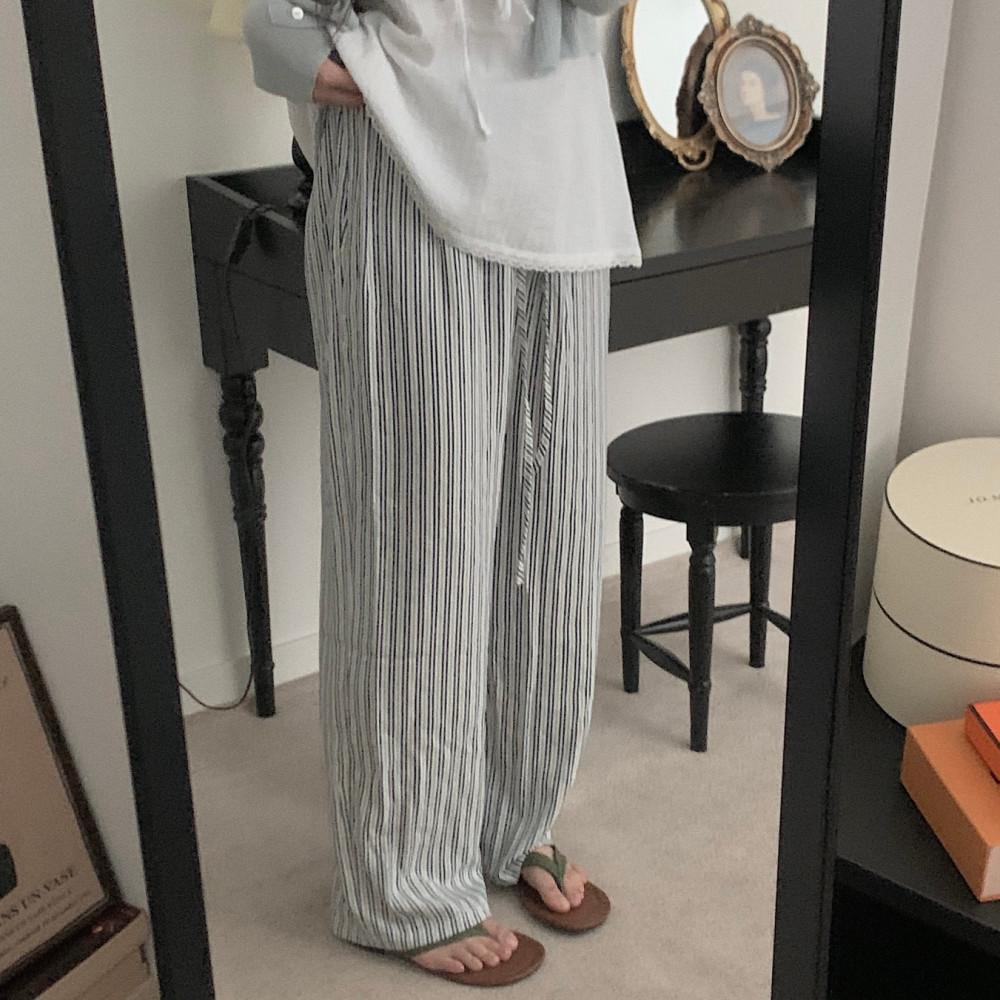 여성 밴딩 롱 시어커서 스트라이프 팬츠