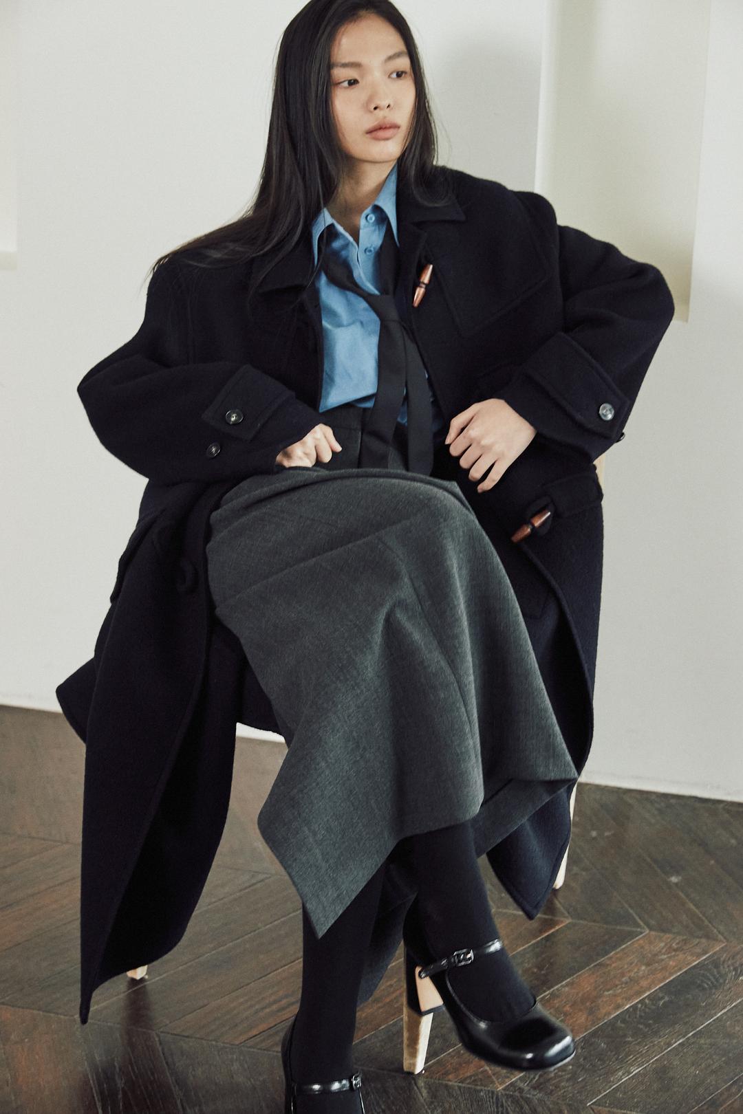 wool H long skirt-charcoal