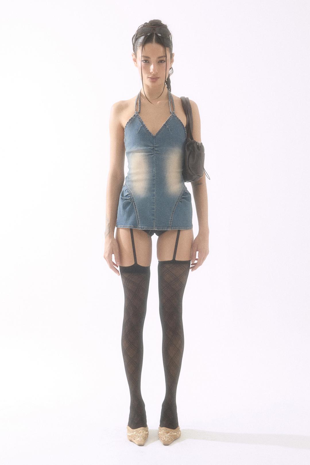 Side Shirring Denim Sleeveless Yellow/Blue