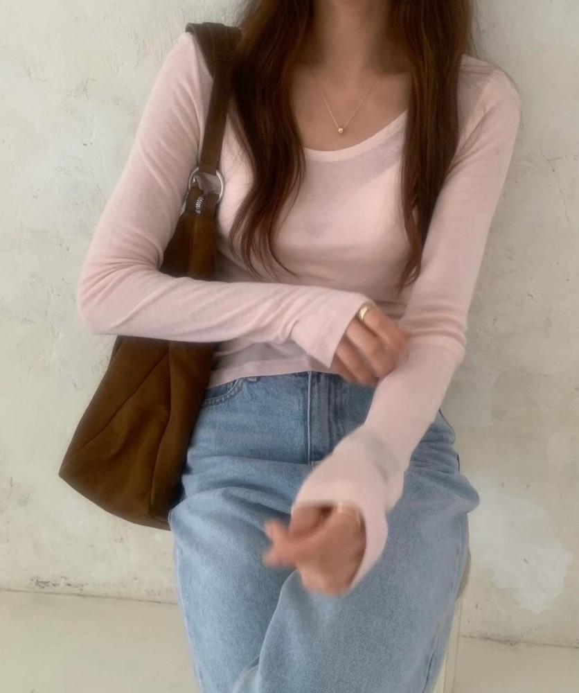 (Fw) 아핑당일/ 프리러브 프렌치 유넥티 기본템 라운드넥 긴팔 슬림핏 코튼 면티셔츠(4col)