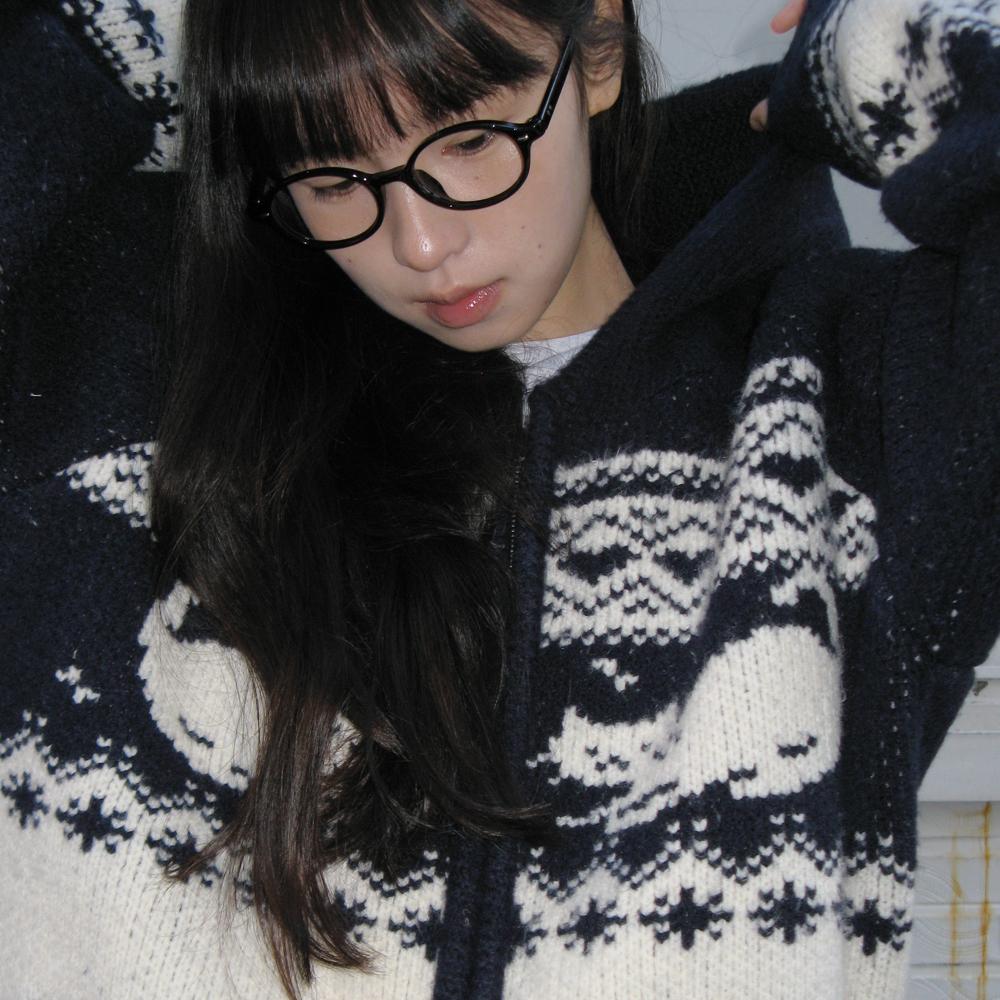 [11/8 순차배송] CAT JACQUARD HOOD ZIP UP KNIT NAVY