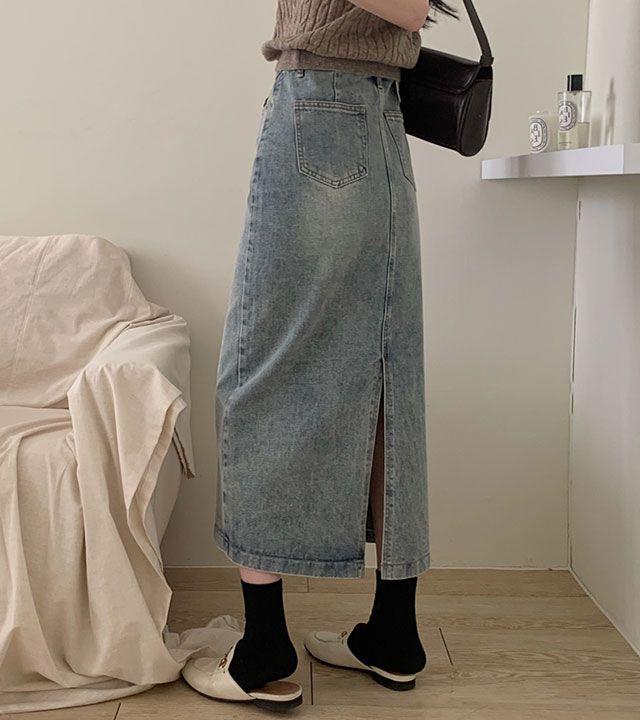 [하이웨스트/~2XL] 언커먼 백슬릿 트임 데님 롱스커트 청치마 (2color)_321g