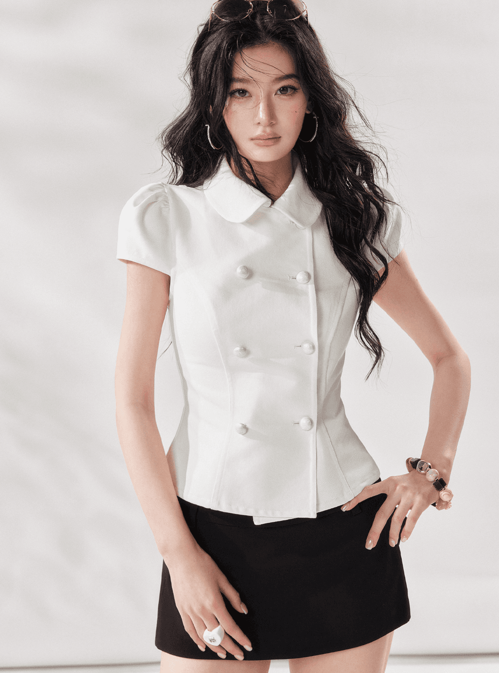 Doll Collar Double Button Blouse & Skirt