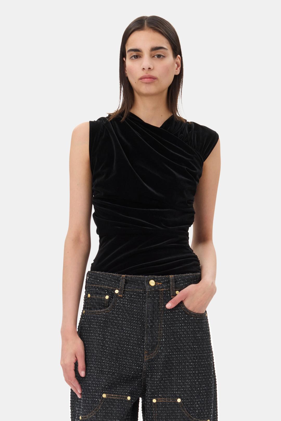 Black Velvet Ruched Top