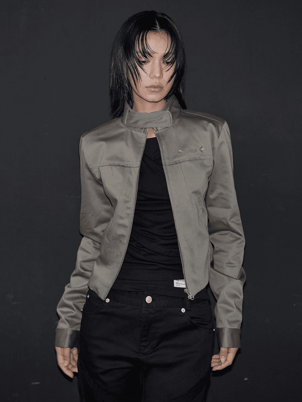 High Neck Raw Cut Jacket (khaki)