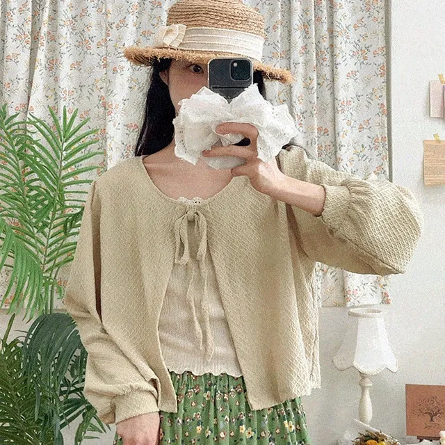 (빅사이즈) 아로브 리본 가디건 퍼프 루즈핏 간절기