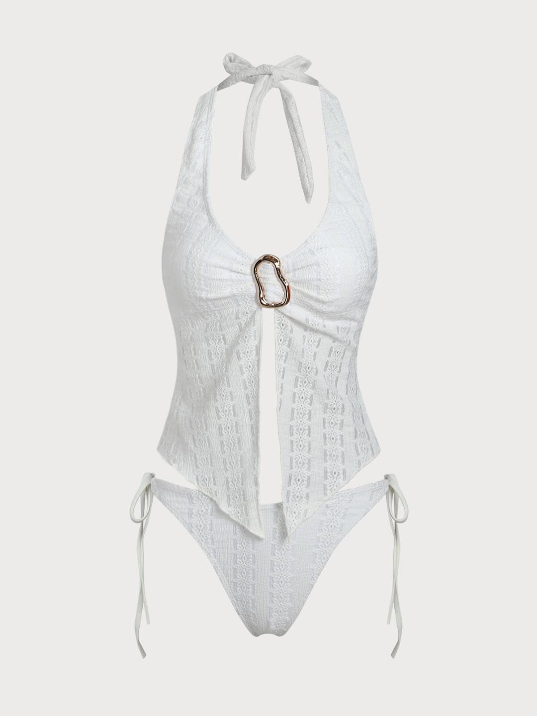 White Irregular Metal Slit Tankini Swimsuit