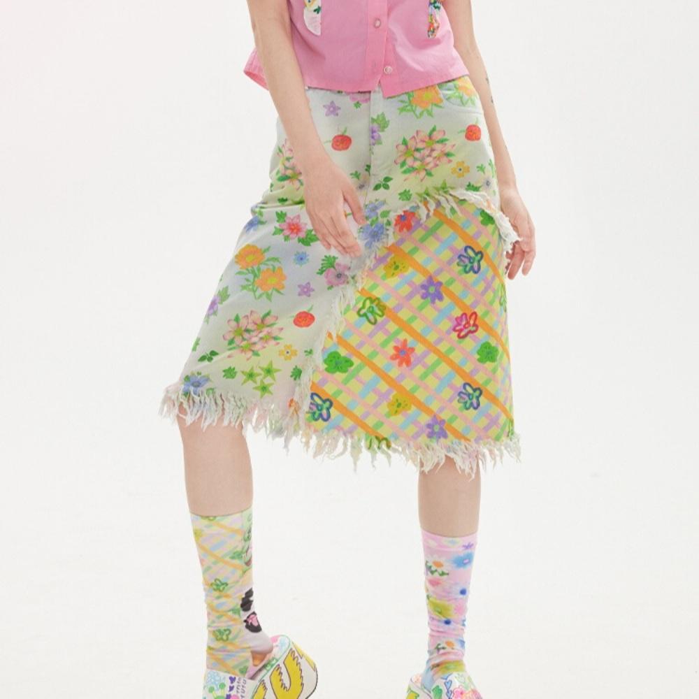 TNTNTUTU 패치 스커트 플라워 체크 프린팅 면치마