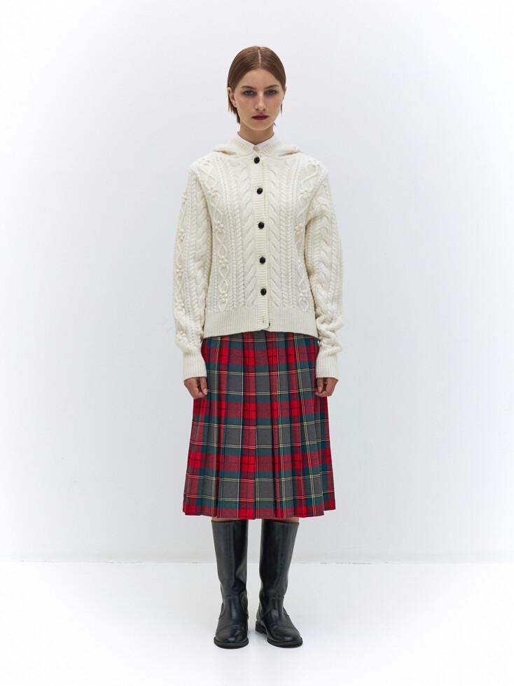 BELTED CHECK PLEATS SKIRT (RED)