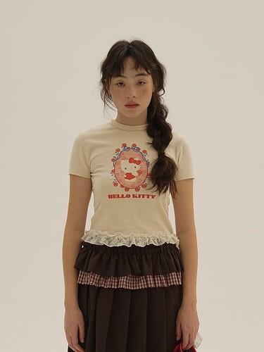 Moromoro2 X Hello kitty 헬로키티 프린트 프릴 레이스 크롭 반팔티
