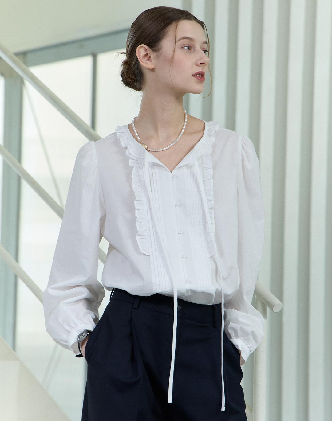 Ribbon Ruffle Pintuck Blouse - White