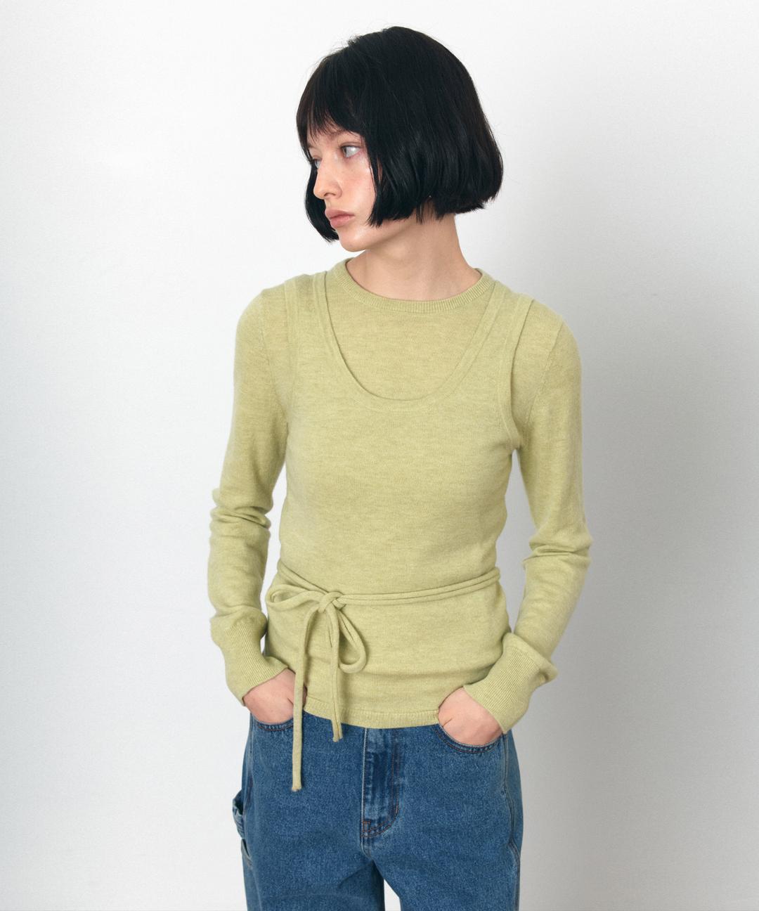 시야쥬 SIKN2179 스트랩 U넥 슬리브리스 니트_Yellow green