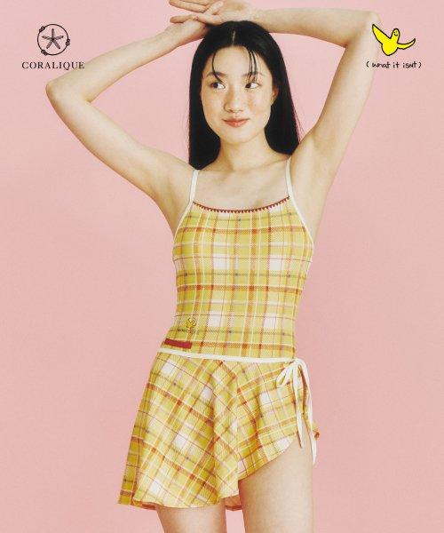 CW 엔젤 체크 랩 세트 원피스 수영복 옐로우
