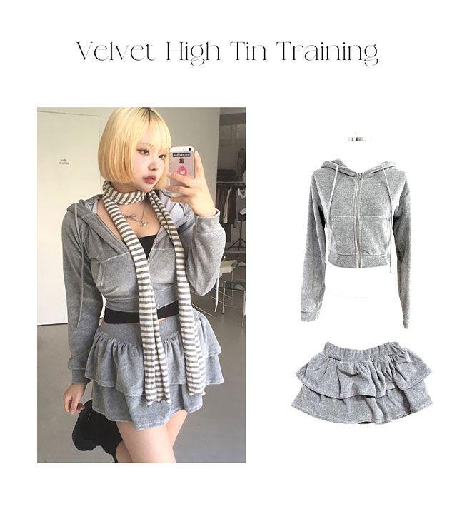 [세트가능/벨로아벨벳] 바비걸 하이틴 투피스 크롭 후드 집업 트레이닝 세트 (4col) _ 프롬로즈