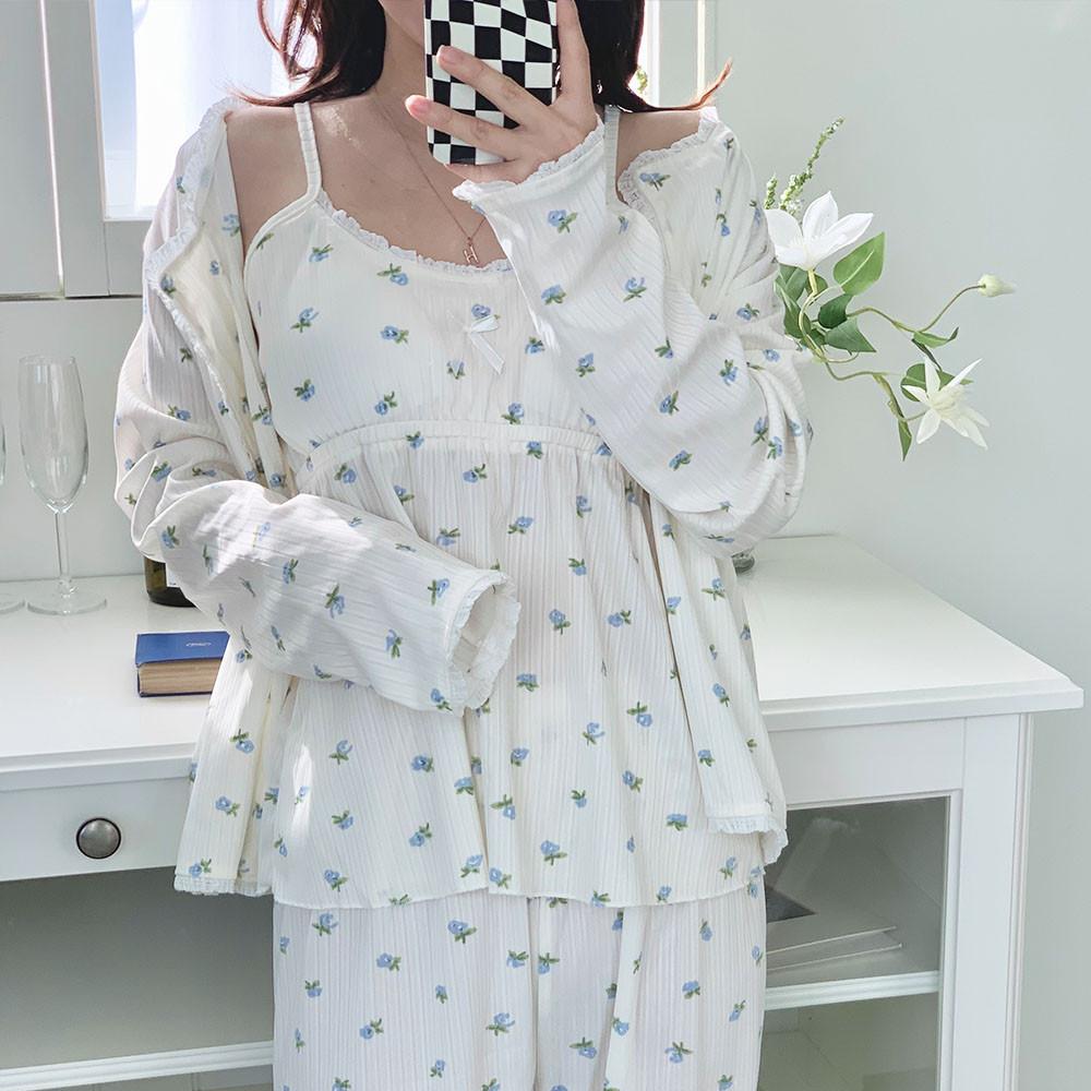 [캡내장] 3pcs 나시 제니 플라워 블루 핑크 봄 파자마 스판 우정 홈웨어 잠옷 파티