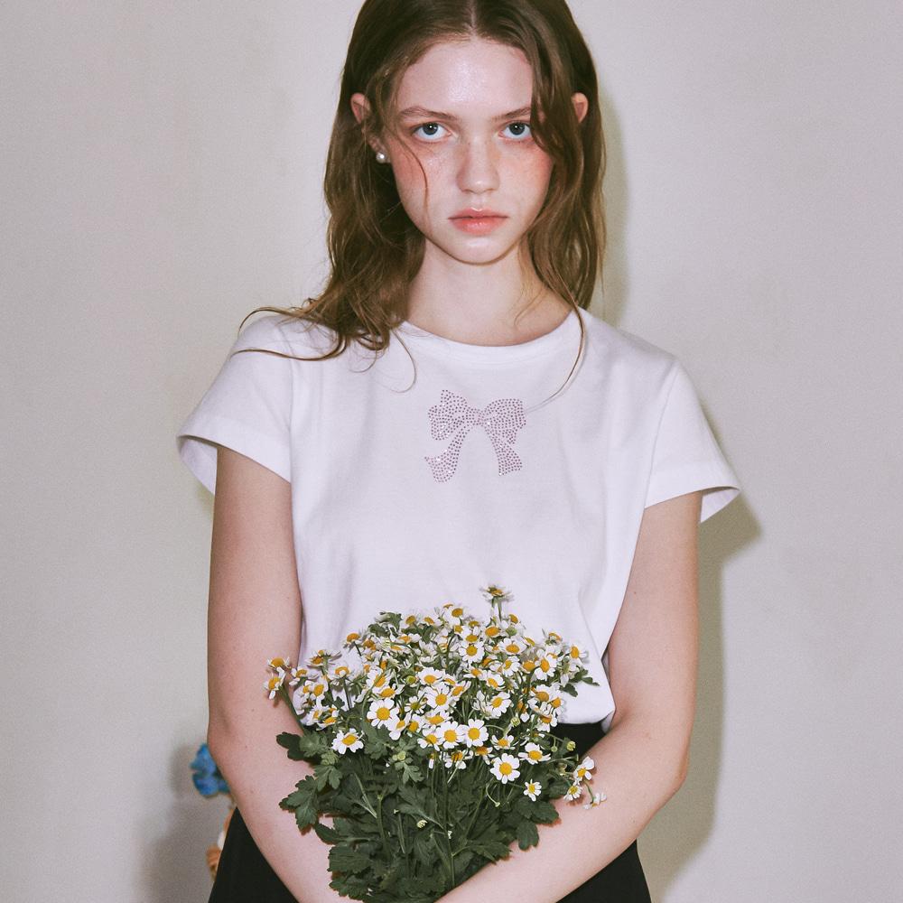 CRYSTAL RIBBON HOTFIX T SHIRT WHITE