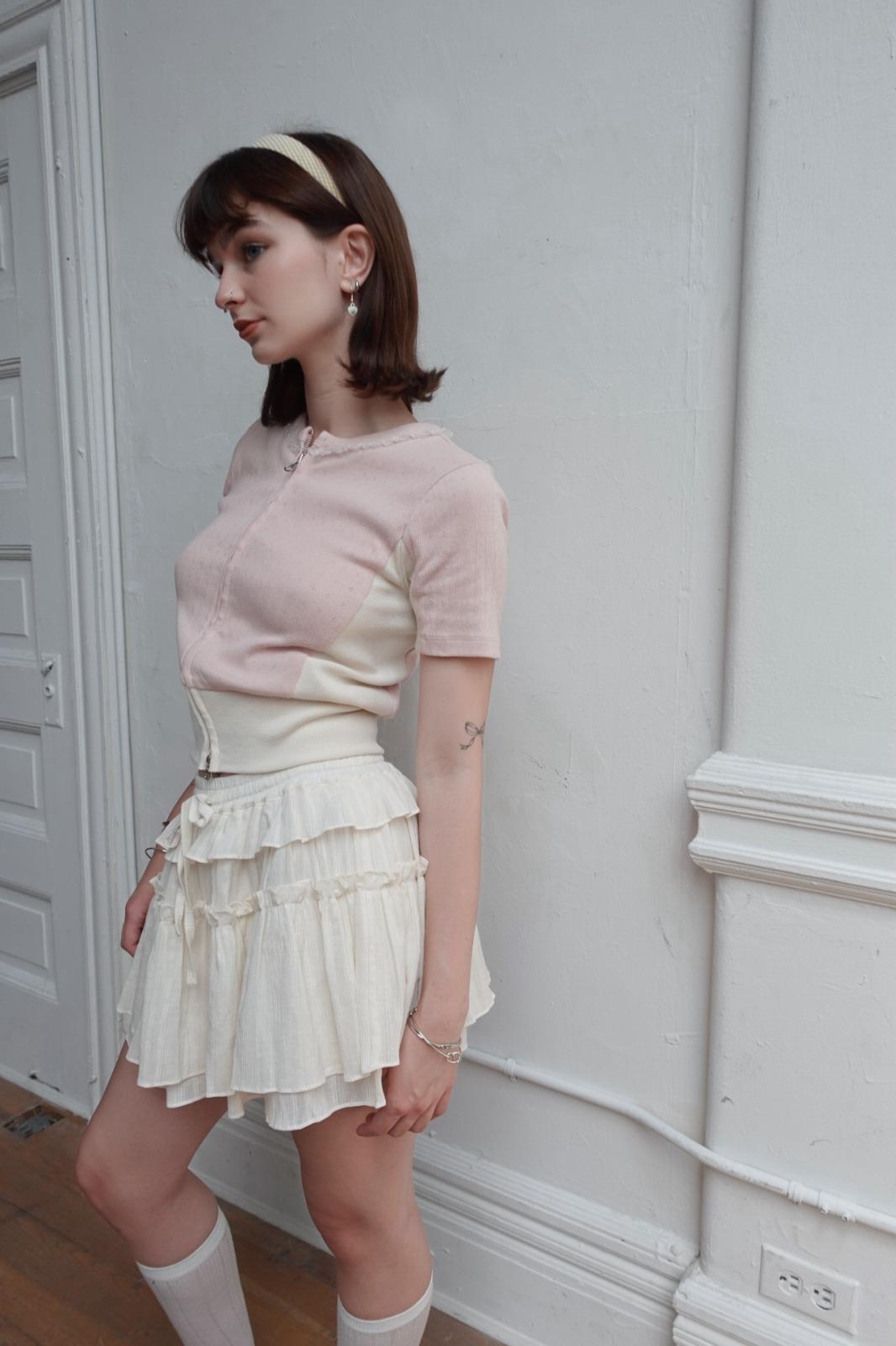 코튼) lace trim two way zip up cardigan-pink/creme