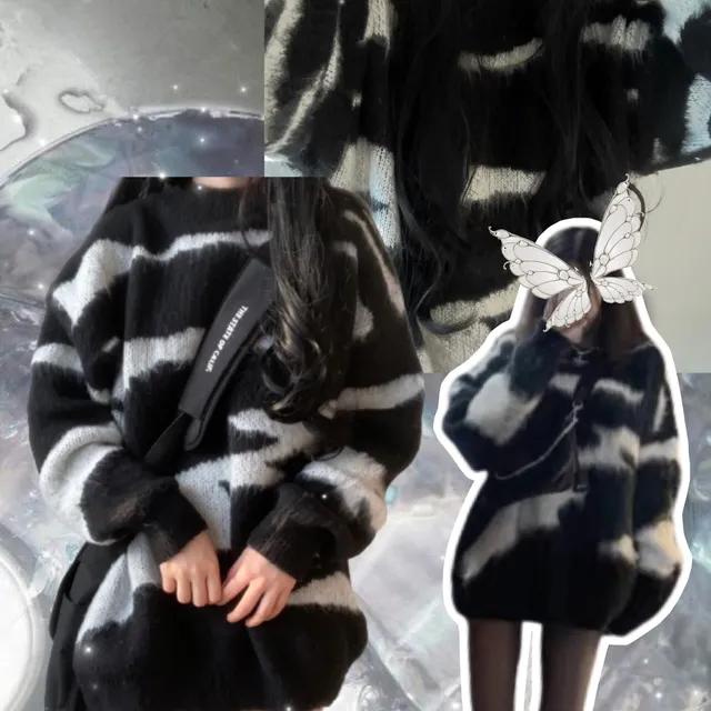 소프트 지브라 박시핏 니트 스트릿 줄무늬 물결 모헤어 롱니트 원피스