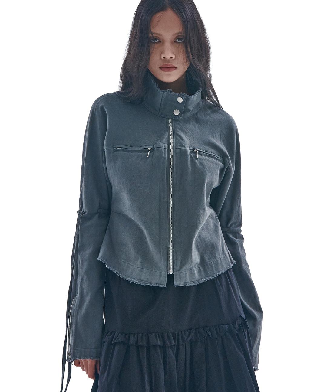 Damaged vintage washed string line cotton zip-up jacket [Charcoal]