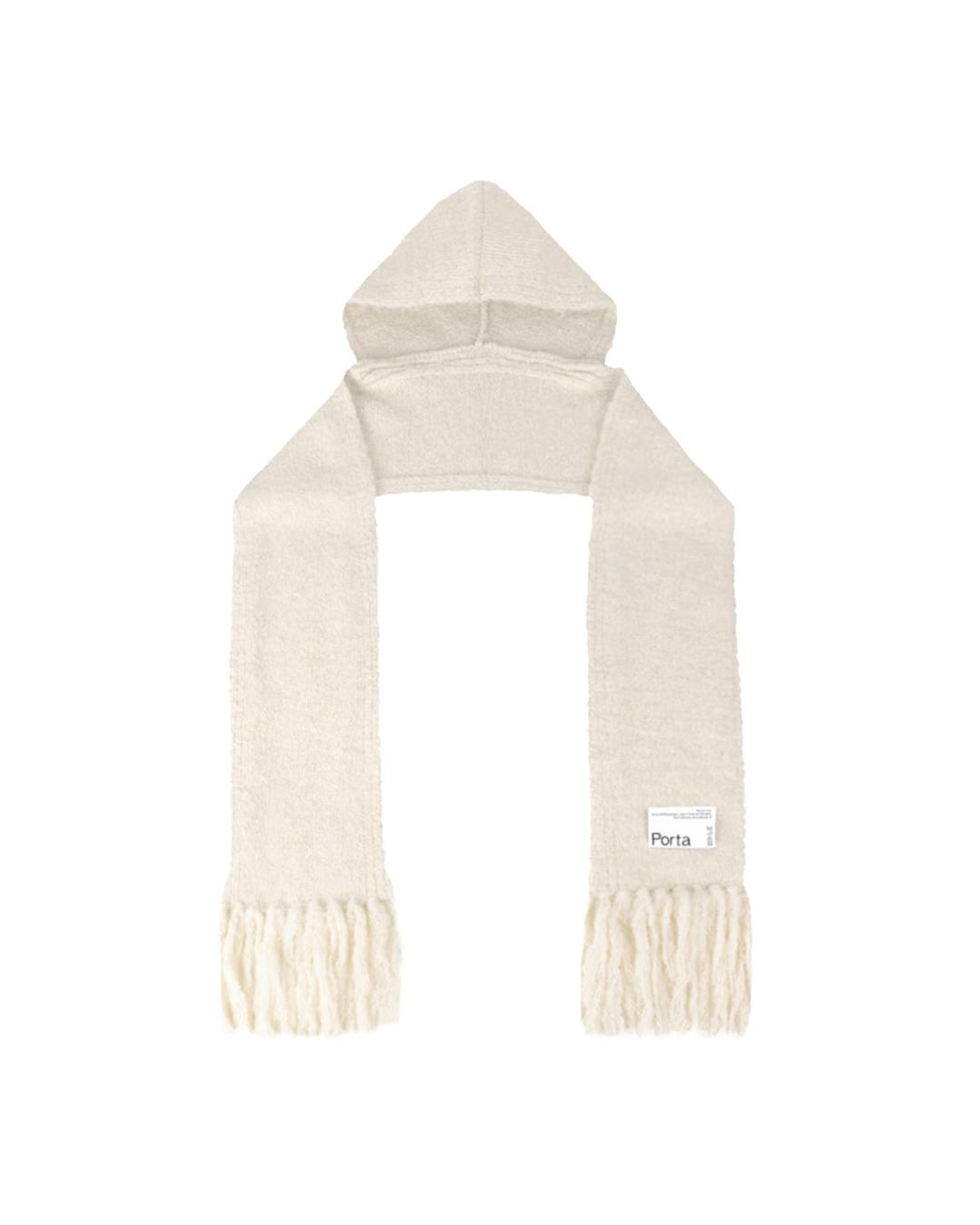 LOGO LABEL KNIT LONG HOODED MUFFLER, CREAM