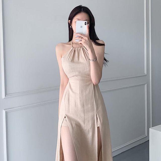 여름 휴가 린넨 원피스 슬릿 스타일 시크 라운드넥 러블리 민소매 나시 섹시 서스펜더 파티룩 뷔스티에 섹시 홀터넥 드레스 휴가룩 비치룩