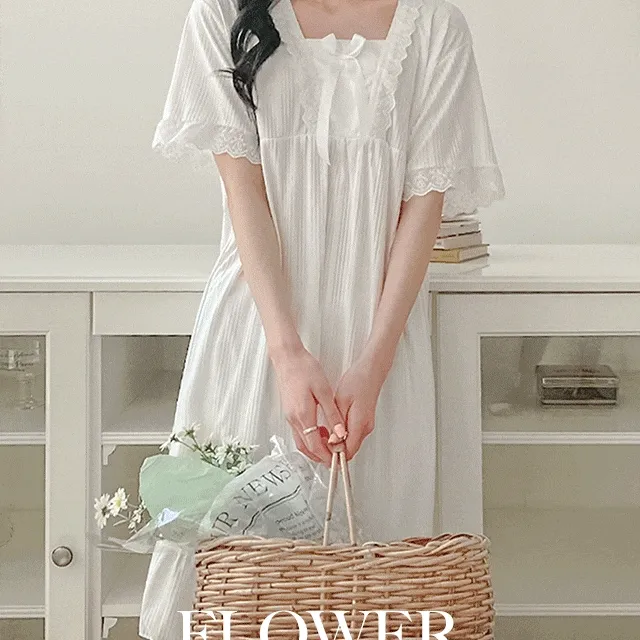 🌼2차리오더/당일출고🌼 플라워 레이스 원피스 리본 레이스 공주 반팔 여성 잠옷 파자마 홈웨어