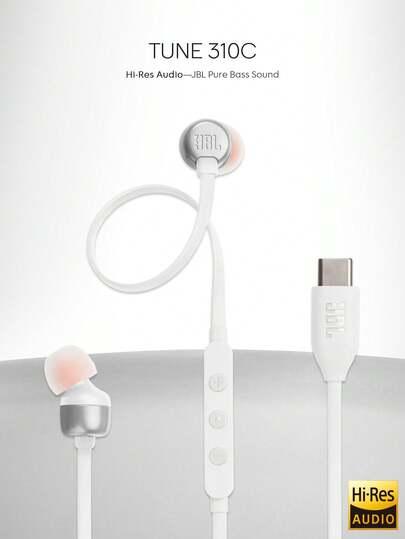 JBL Tune 310C 유선 인 이어 C타입 헤드폰, 디지털-아날로그 컨버터가 탑재된 Hi-Res 오디오, 마이크가 있는 3버튼 EQ 프리셋 리모컨, 엉킴 방지 플랫 케이블, USB-C 장치와 호환 가능