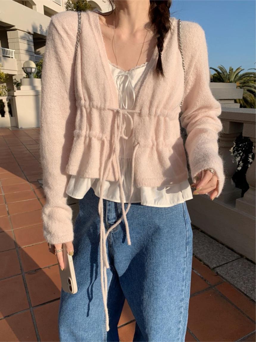 엠버쥬쥬 멜라운지 알파 끈 가디건 3col mellounge 러블리 파스텔 봄 알파카 레이어드 니트