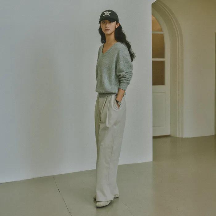 LEAF PINTUCK COTTON PANTS_LIGHT GRAY