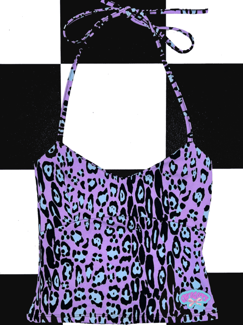 RIBBON HALTER IN PURPLE LEOPARD