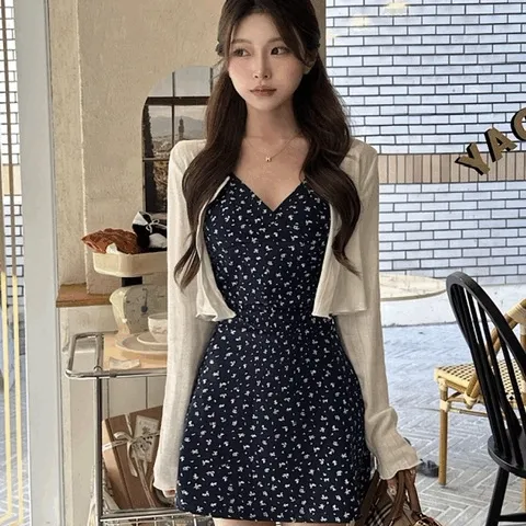 [청순핏/가을set] 플라워 나시 원피스 + 프릴 긴팔 가디건