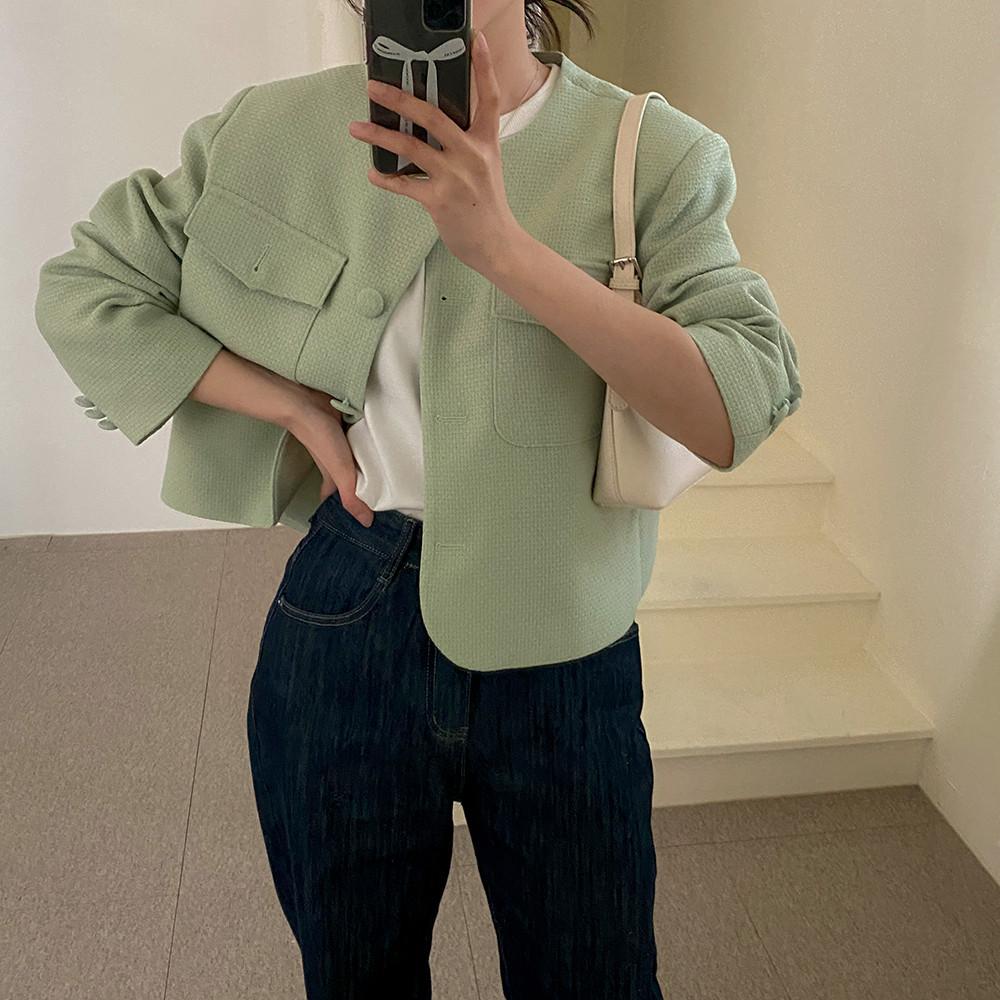 세비지 노카라 라운드 트위드자켓 2컬러 연두 아이보리