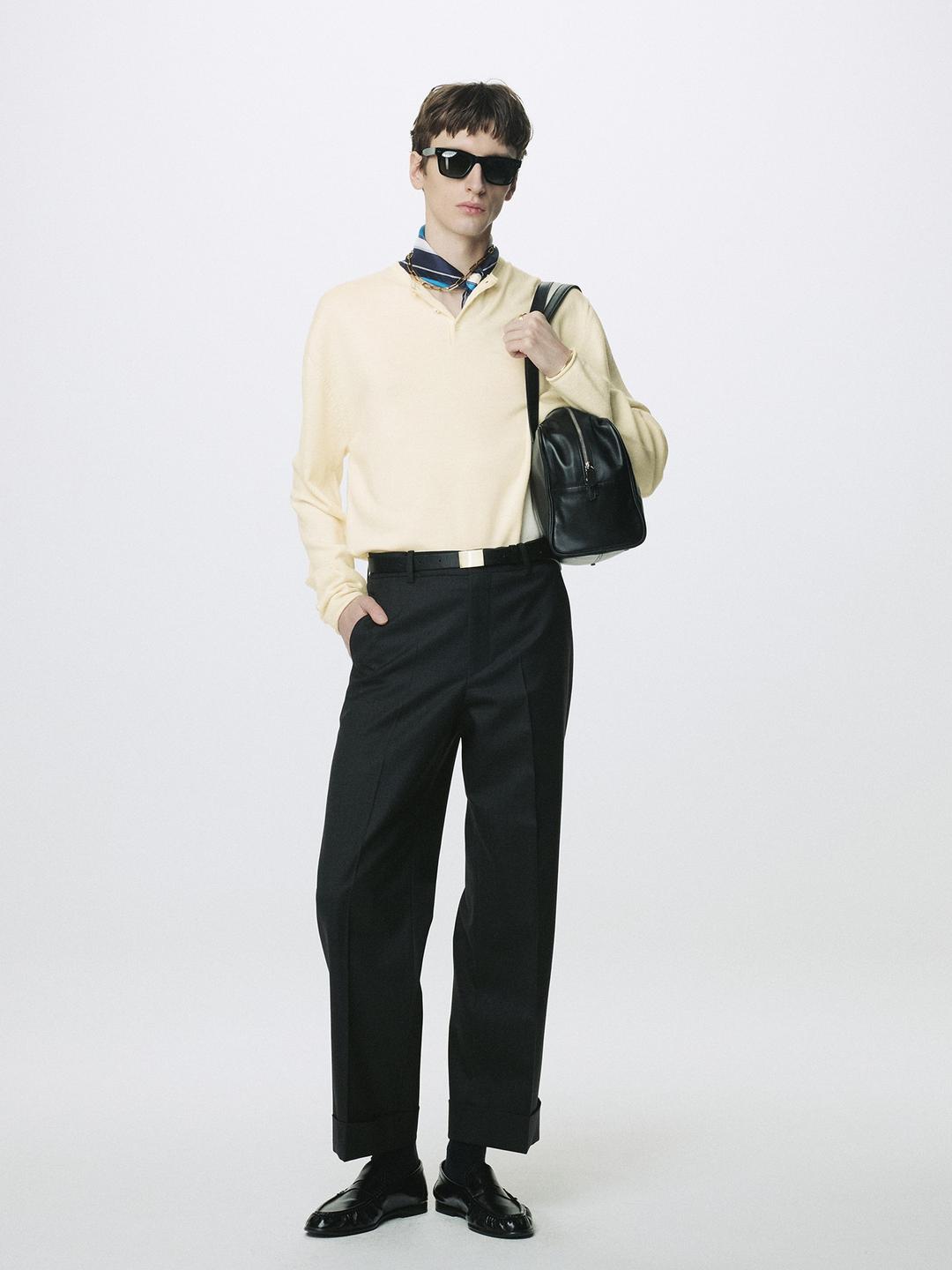 EXTRA FINE WOOL RAW HEM HENLEY NECK KNIT_ ECRU