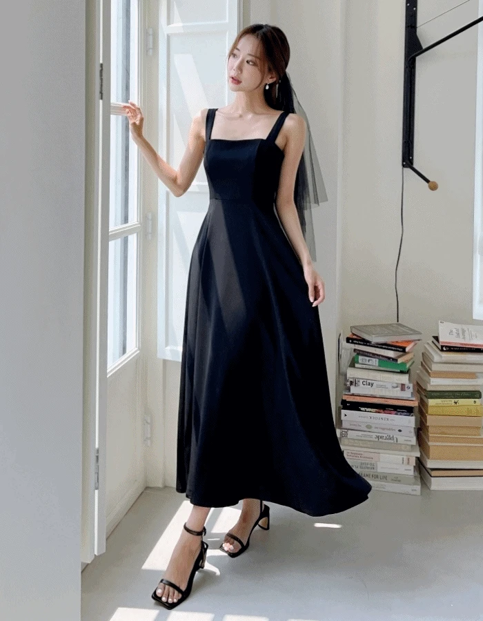 하니 스퀘어넥 원피스 2color, 블랙 아이보리 셀프웨딩 브라이덜샤워 휴가 비치 피로연 돌잔치 드레스