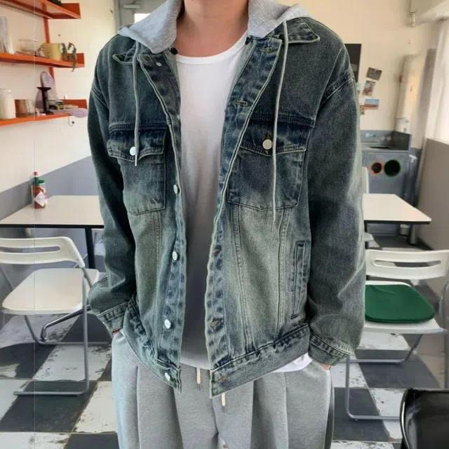 후드 탈부착 레이어드 오버핏 데님 트러커 청 자켓