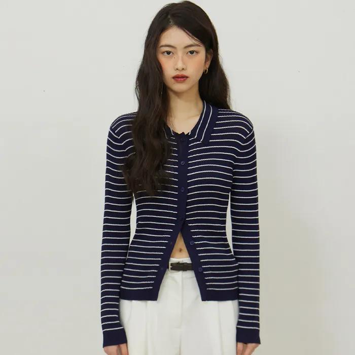 STRIPE RIBBED KNIT CARDIGAN NAVY