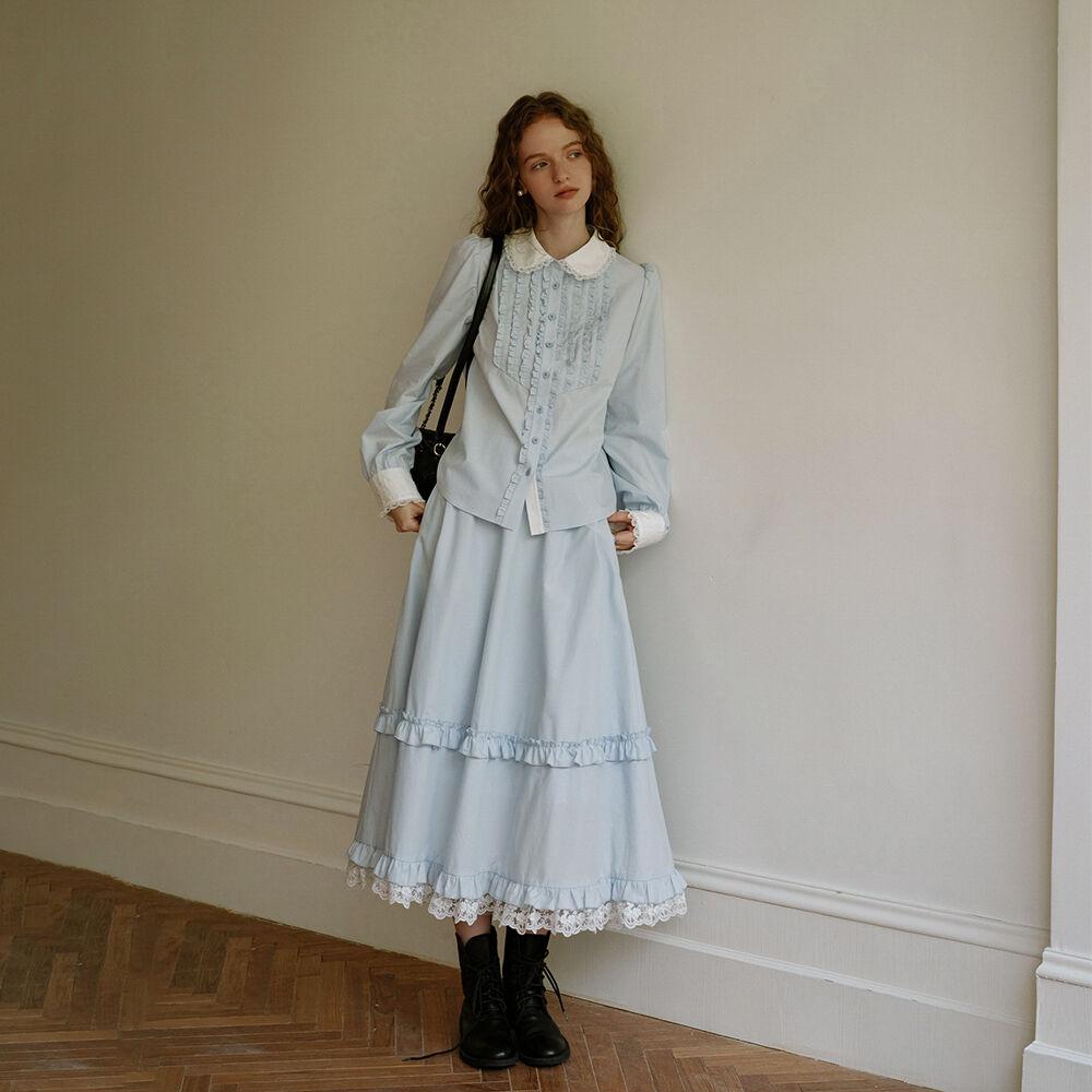 Cest_Sky blue lace frill skirt