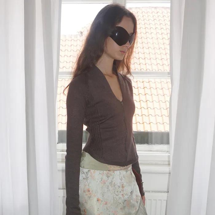Open Collar Knit Zip-Up Mocha