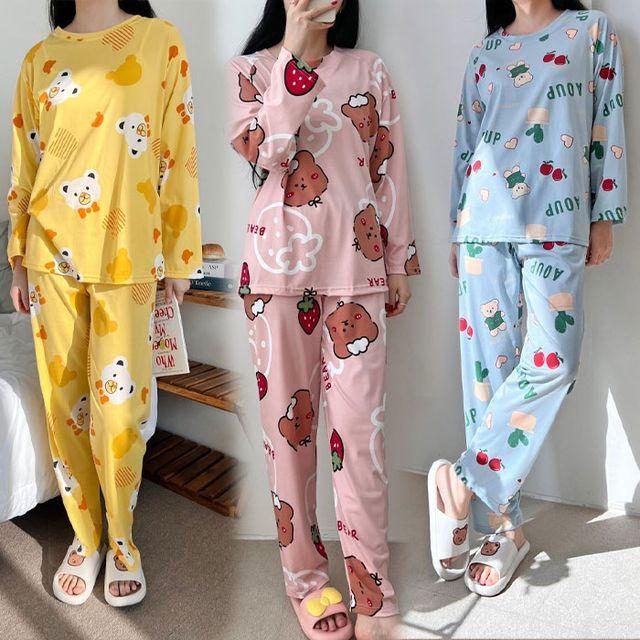 400954 잠옷 여성 남성 상하세트 피치 스판 파자마 긴팔 가을 겨울 홈웨어