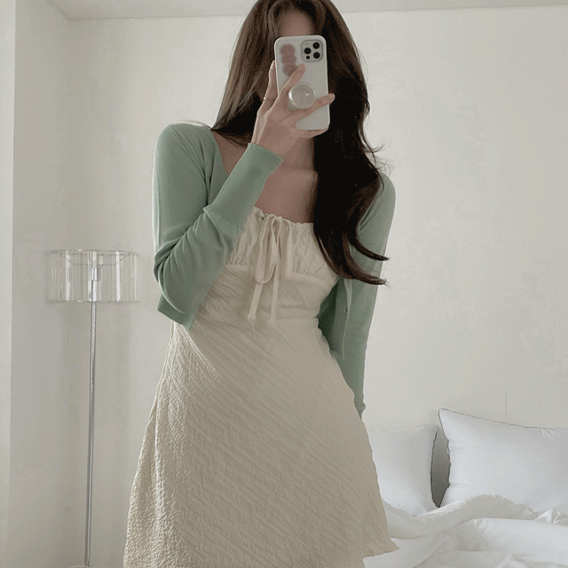 메이니 리본 셔링 끈나시 미니 원피스