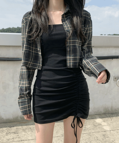 ♥당일발송♥단독제작♥그린 체크 크롭 남방 + 셔링 스트링 나시 미니 원피스 (set)