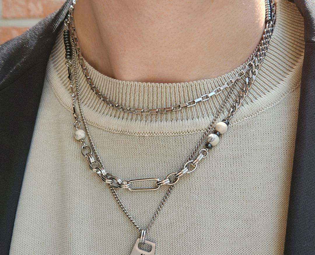 써지컬스틸 체인 & 비즈 믹스 목걸이 _ 화이트