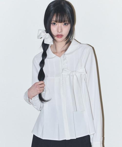 리본 플리츠 블라우스 화이트