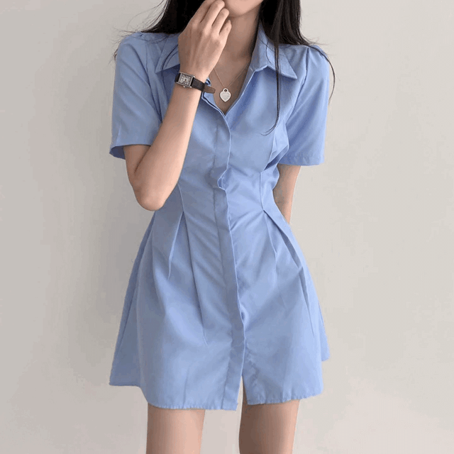 [허리잘록~/로망핏!] 남친있음! 로망 청순 핀턱 뒷밴딩 반팔 셔츠 원피스