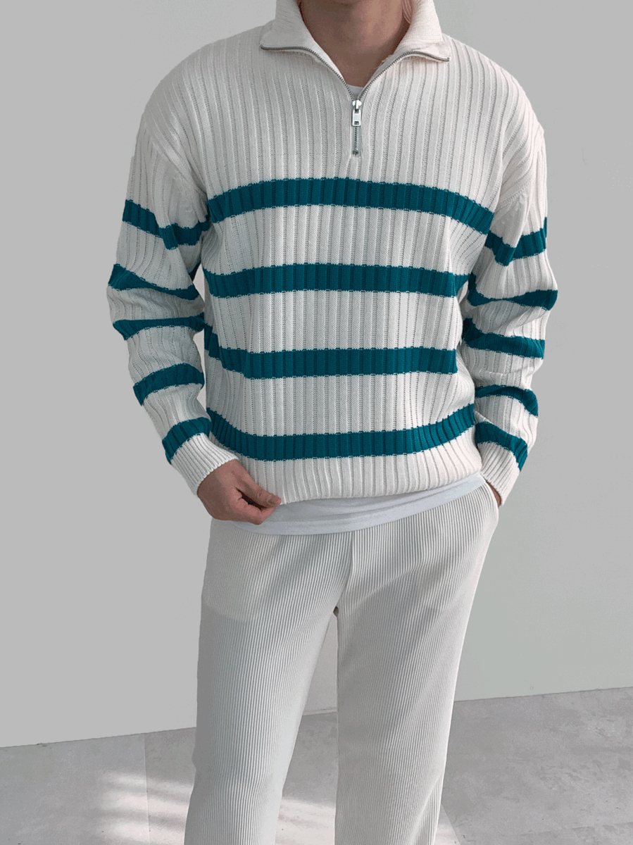 스트라이프 반집업 하이넥 니트 (3color)
