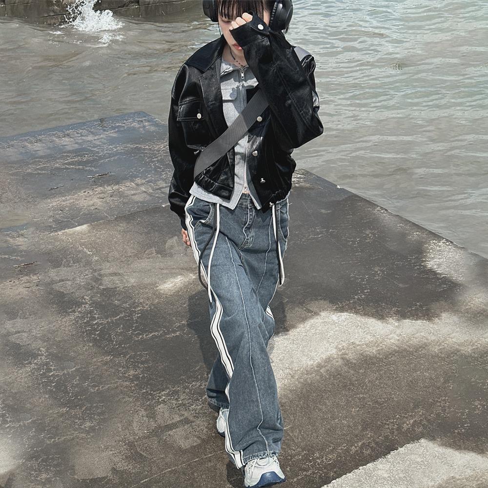 오버핏 드라이 유광 크랙 벌룬 크롭 트러커 레더자켓